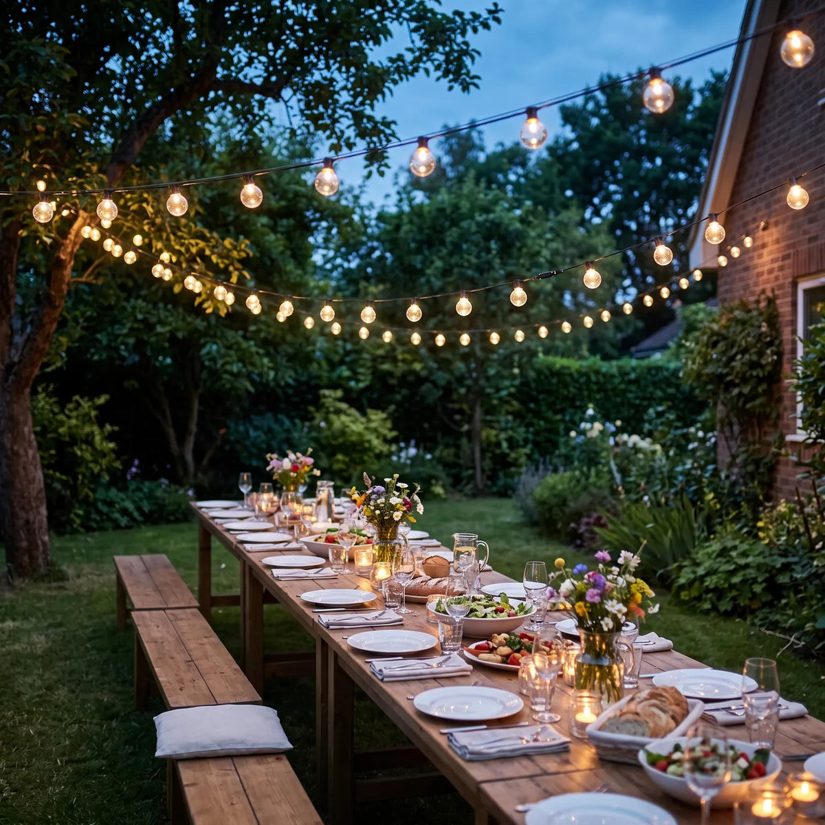 Party String Lights glowing above a long garden party table at dusk