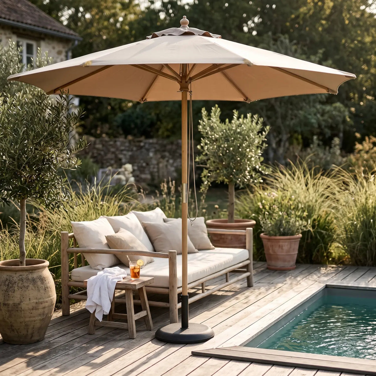 Geneve Parasol Ø2.5 m in Cappuccino over a daybed on a pool terrace