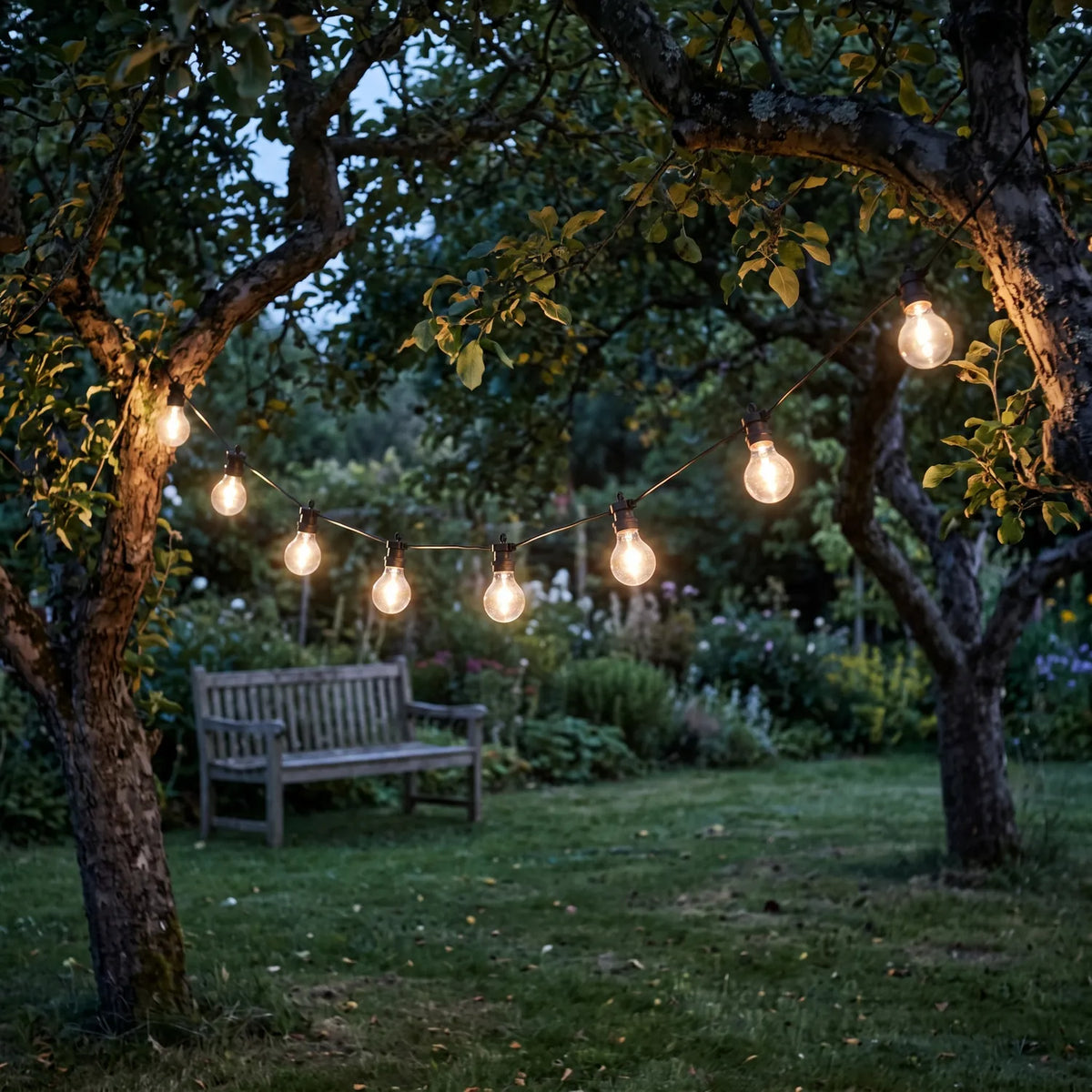 Party String Lights Extension Set strung between apple trees at dusk