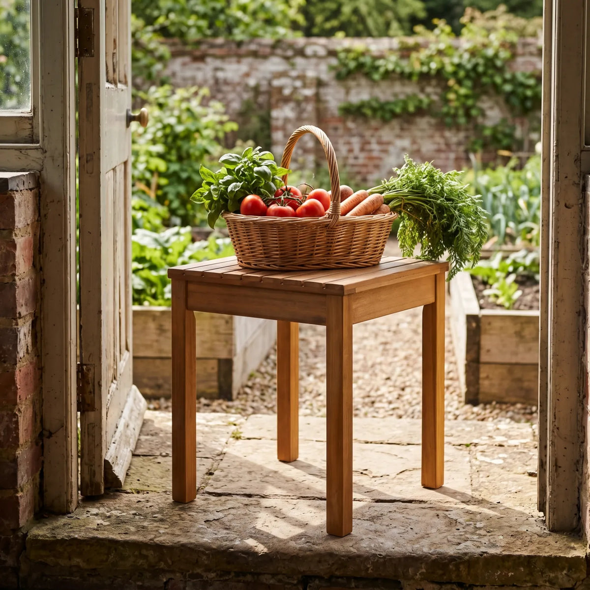 Tokyo Stool Acacia 39 x 40 x 46 cm with a basket of tomatoes at a kitchen garden door