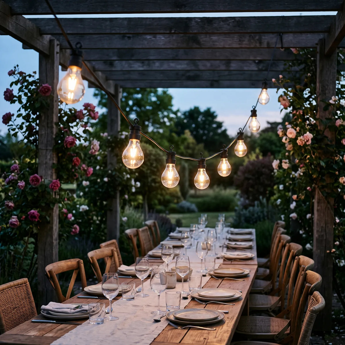 Party String Lights Starter Set over a pergola dining table at dusk