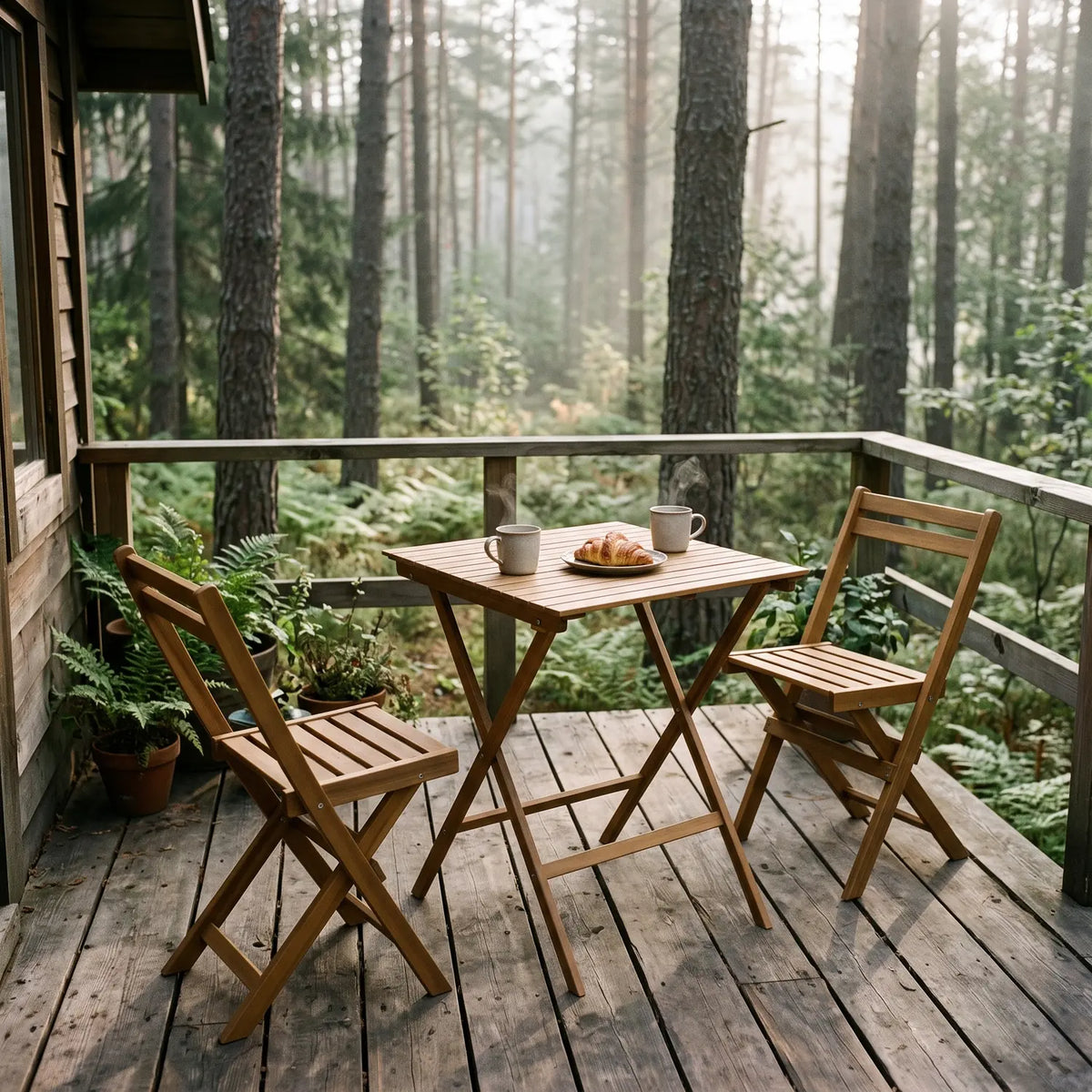 Folding Bistro Set in oiled acacia on a cabin terrace in a pine forest