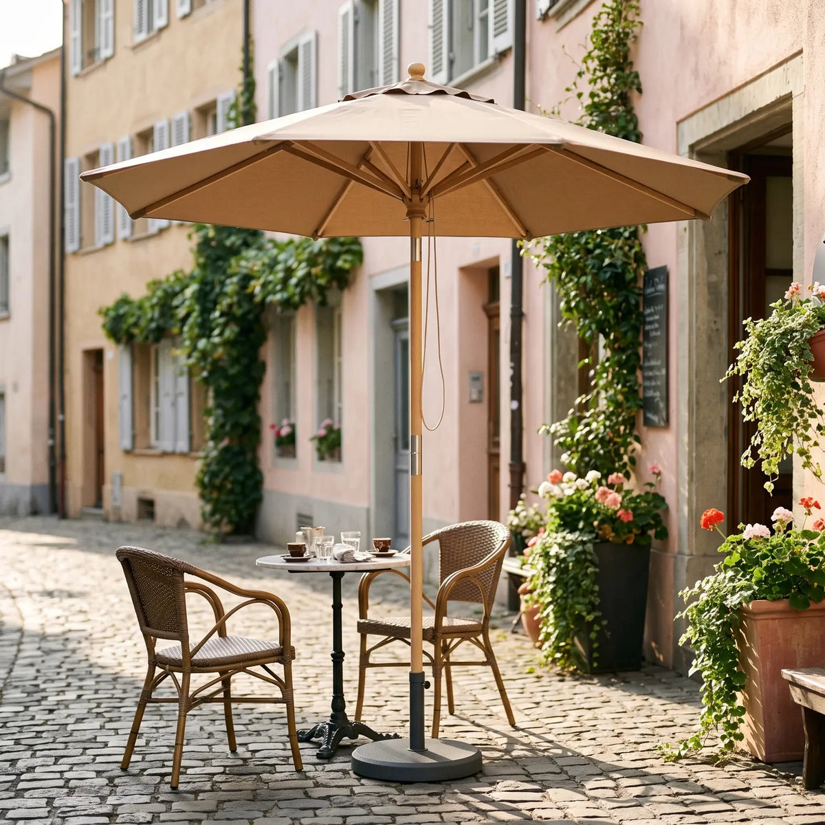 Venedig Parasol Ø1.8 m in Cappuccino over a café table on a cobblestone terrace
