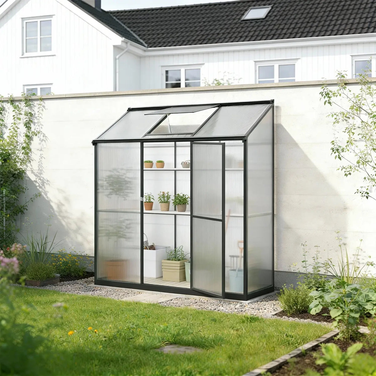 Lean-To Aluminium Greenhouse with Glass Sides and Polycarbonate Roof